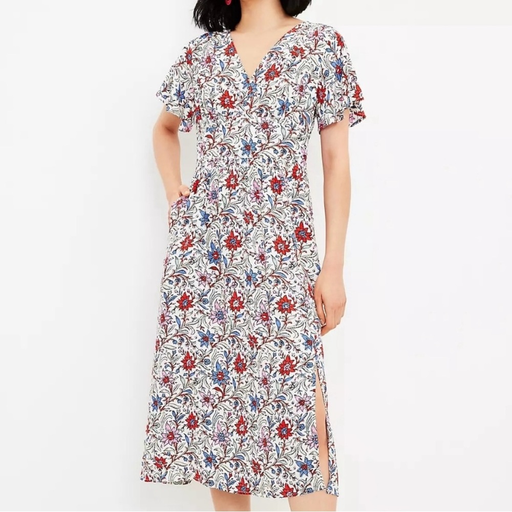 LOFT Floral Flutter Sleeve V-Neck Midi Pocket Dress - Picture 2 of 12